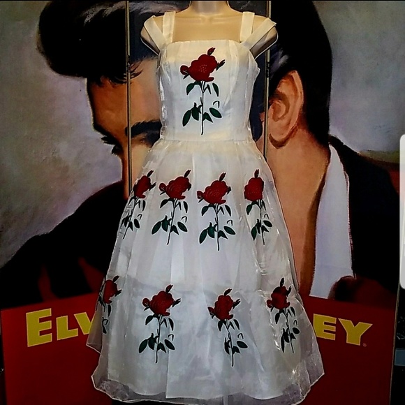 Tatyana Bella Taffeta 1950's Pinup Cocktail Dress w Large Embroidered Red Roses - Picture 3 of 8